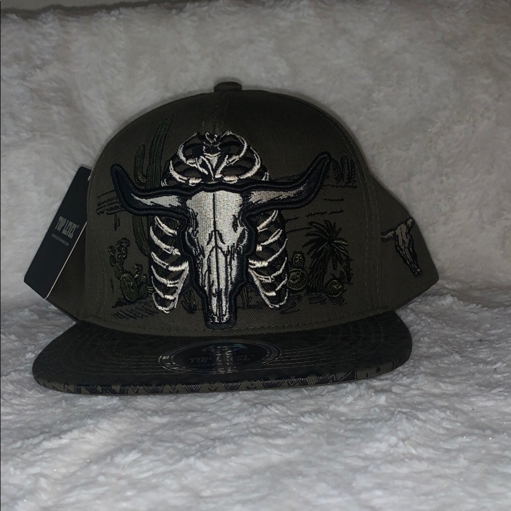NWT Top Level Olive Green Embroidered Cap with Skull Design